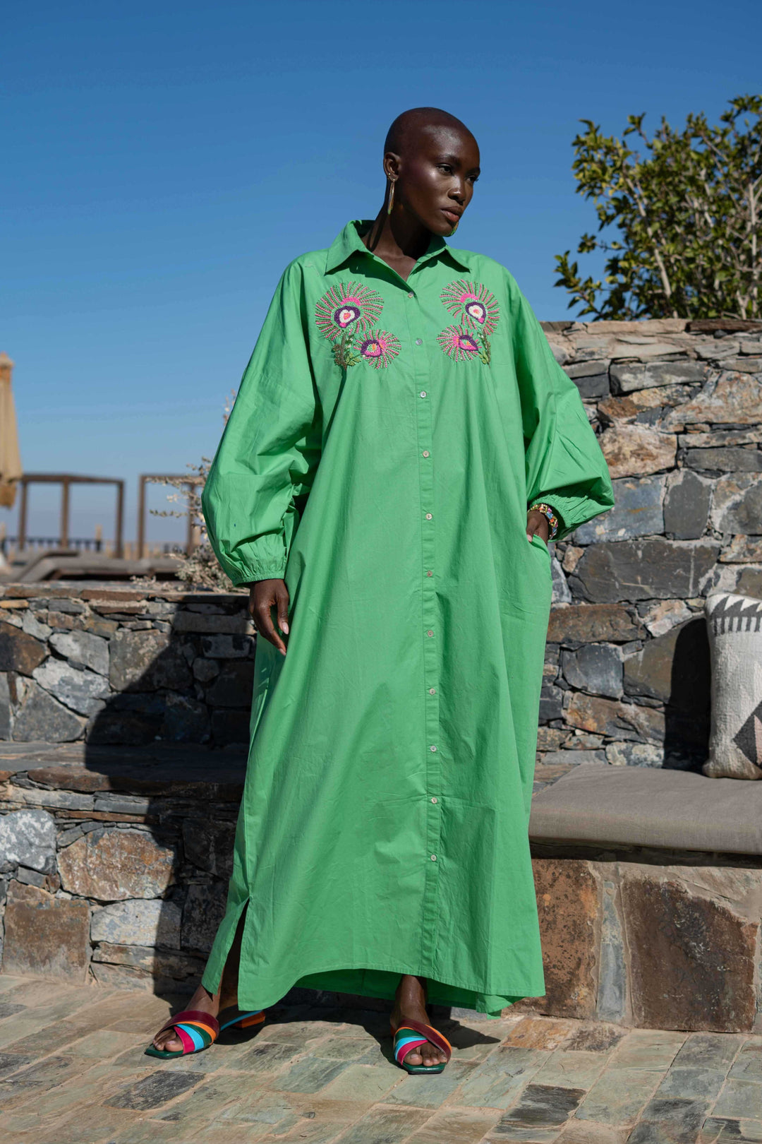 Robe Chemise Brodée Perlée Sweetina - Taille unique / Vert