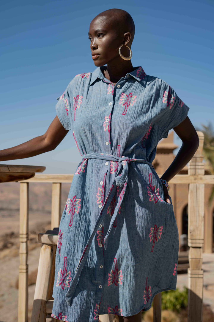 Robe Chemise Courte Brodée Naple - Taille unique / Bleu