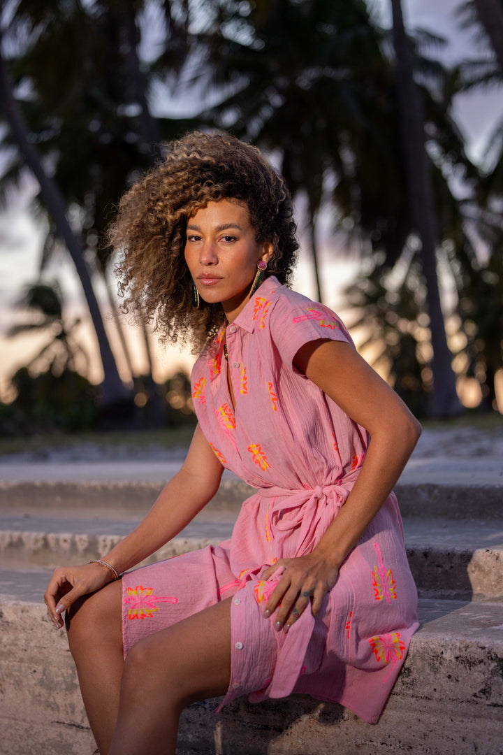 Robe Chemise Courte Brodée Naple - Taille unique / Rose