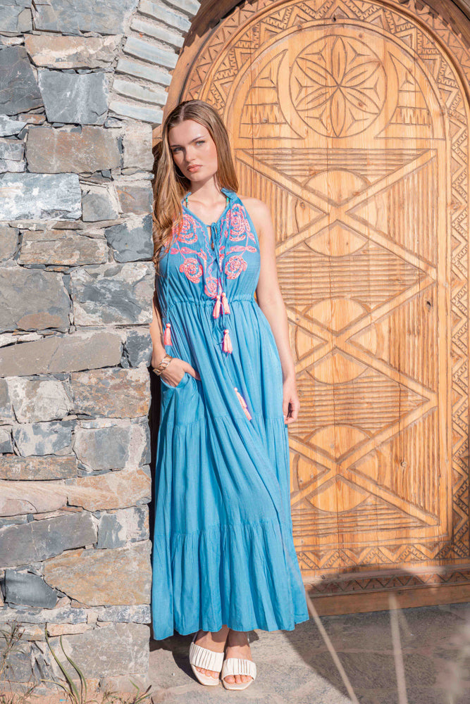 Robe longue bohème brodée Blanca - Taille unique: 36 au 42