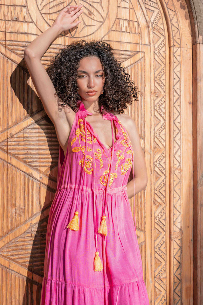 Robe longue bohème brodée Blanca - Taille unique: 36 au 42