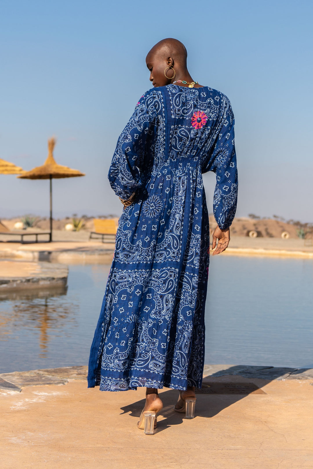 Robe Longue en Lin Col V Beky - Taille unique 36-42 / Blue