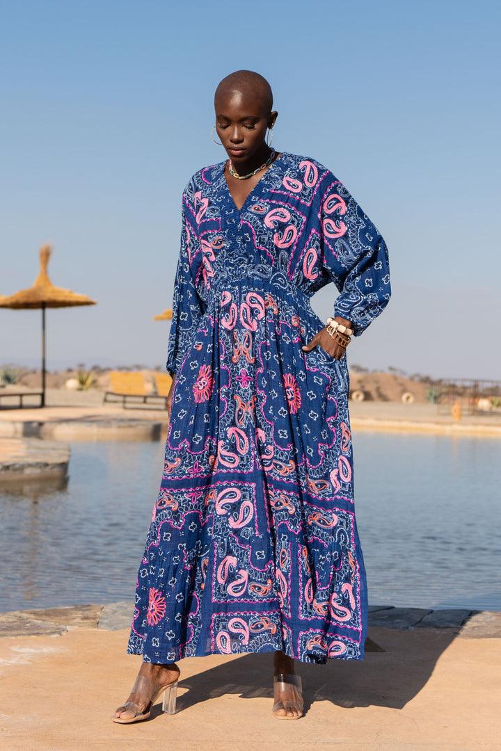 Robe Longue en Lin Col V Beky - Taille unique 36-42 / Blue