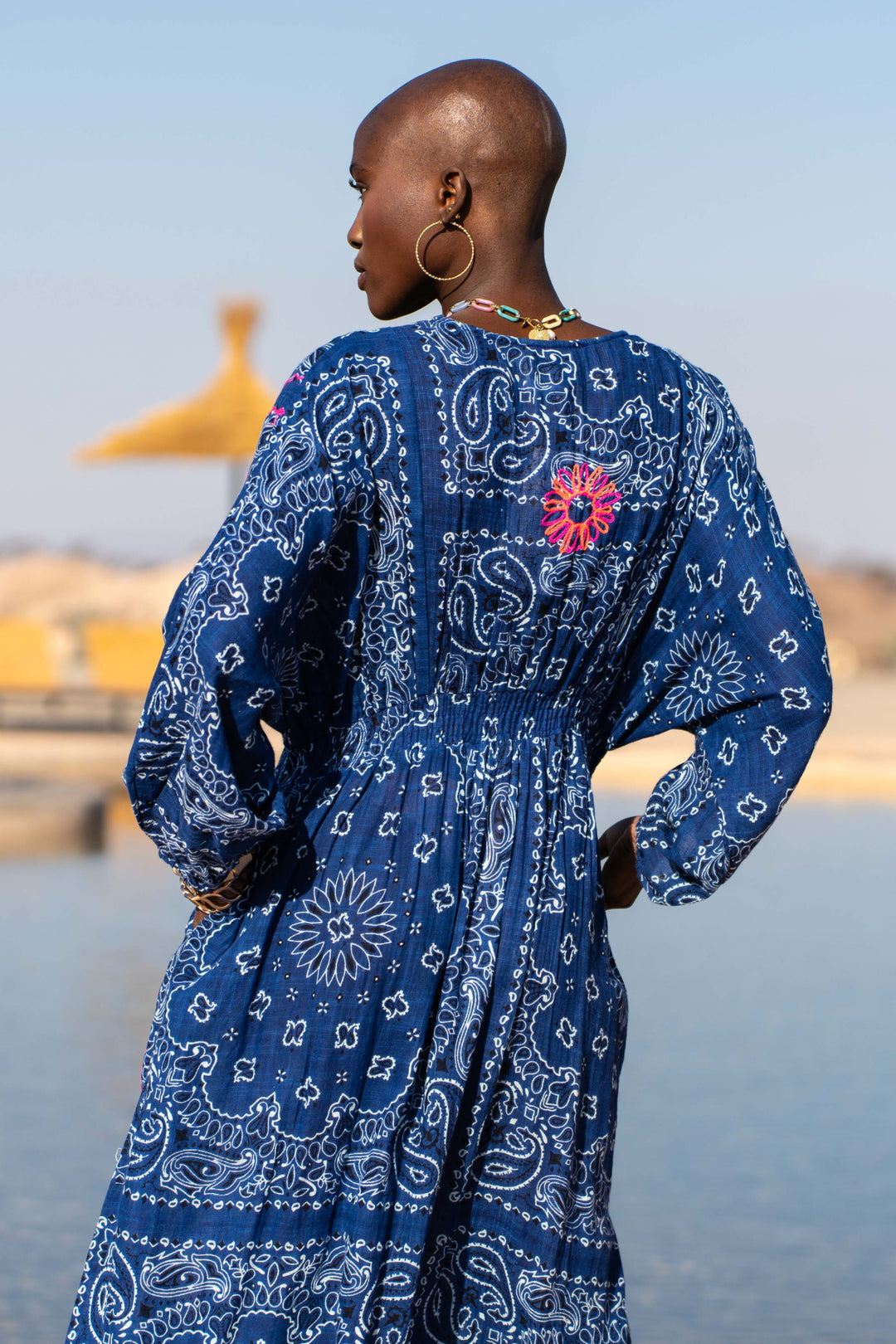 Robe Longue en Lin Col V Beky - Taille unique 36-42 / Blue