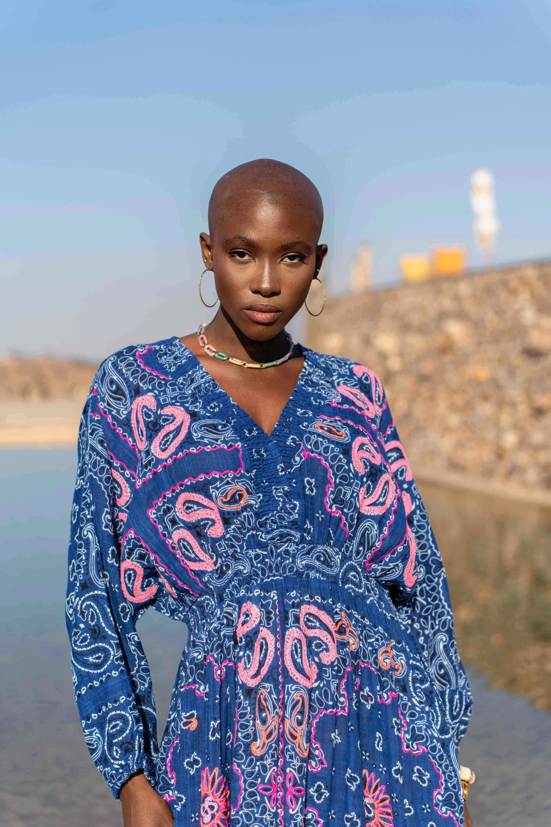 Robe Longue en Lin Col V Beky - Taille unique 36-42 / Blue