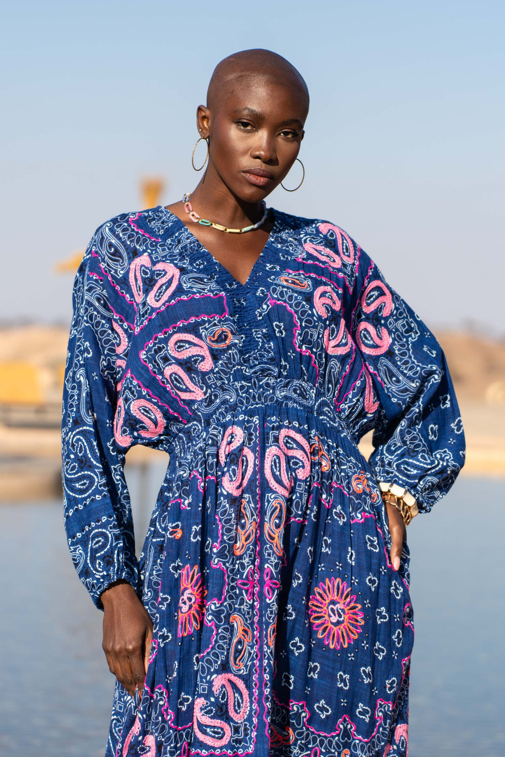 Robe Longue en Lin Col V Beky - Taille unique 36-42 / Blue