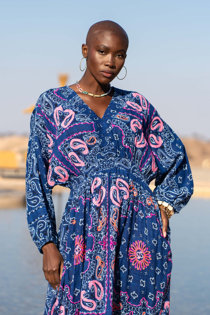 Robe Longue en Lin Col V Beky - Taille unique 36-42 / Blue