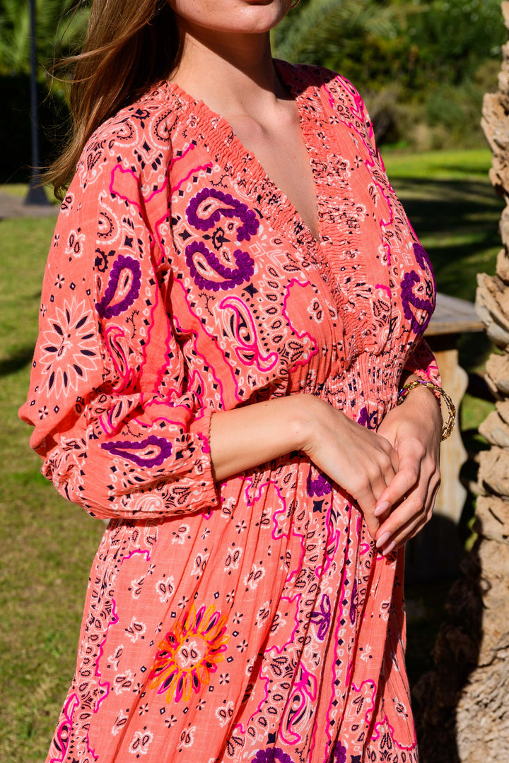 Robe Longue en Lin Col V Beky - Taille unique 36-42 / Pêche