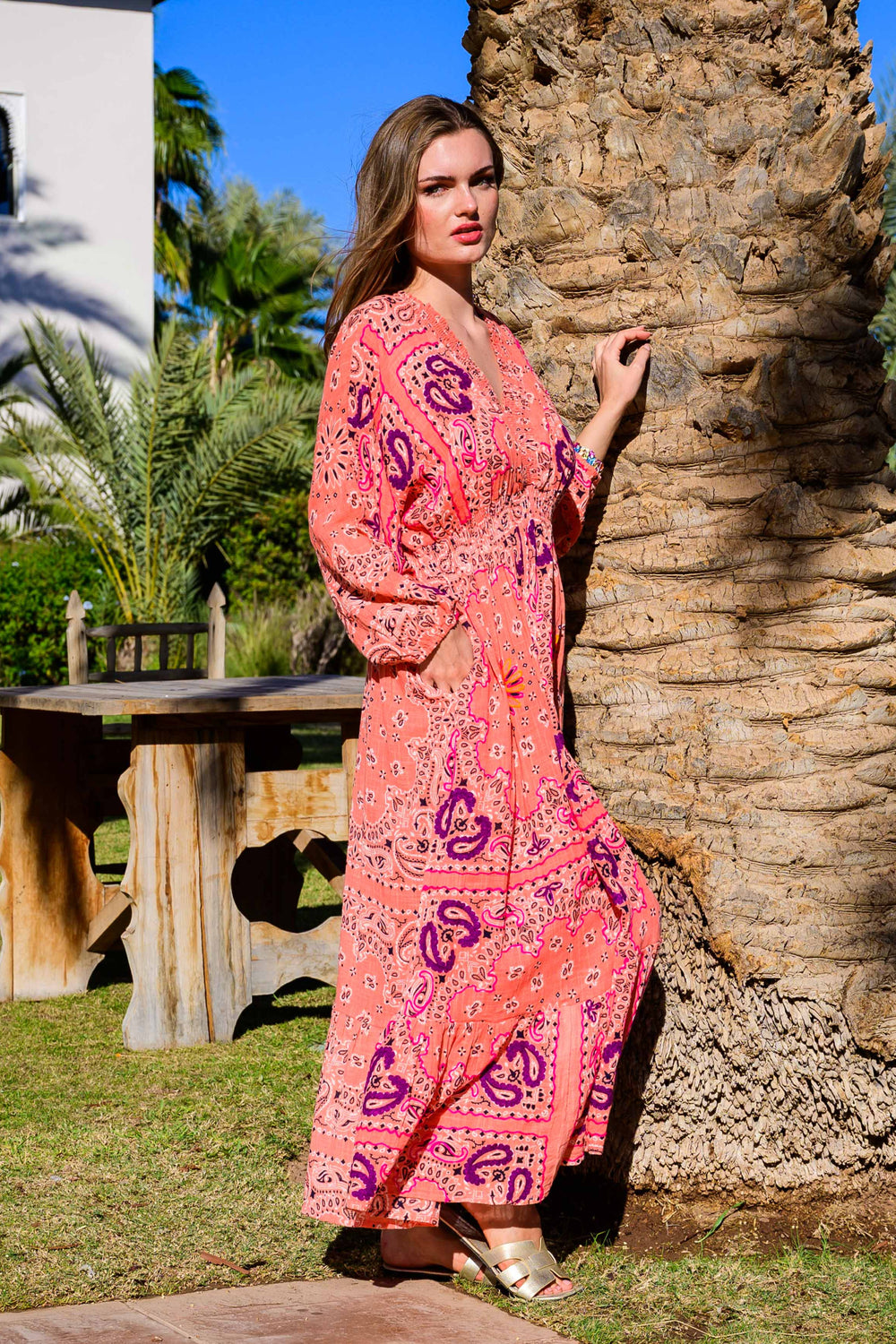 Robe Longue en Lin Col V Beky - Taille unique 36-42 / Pêche