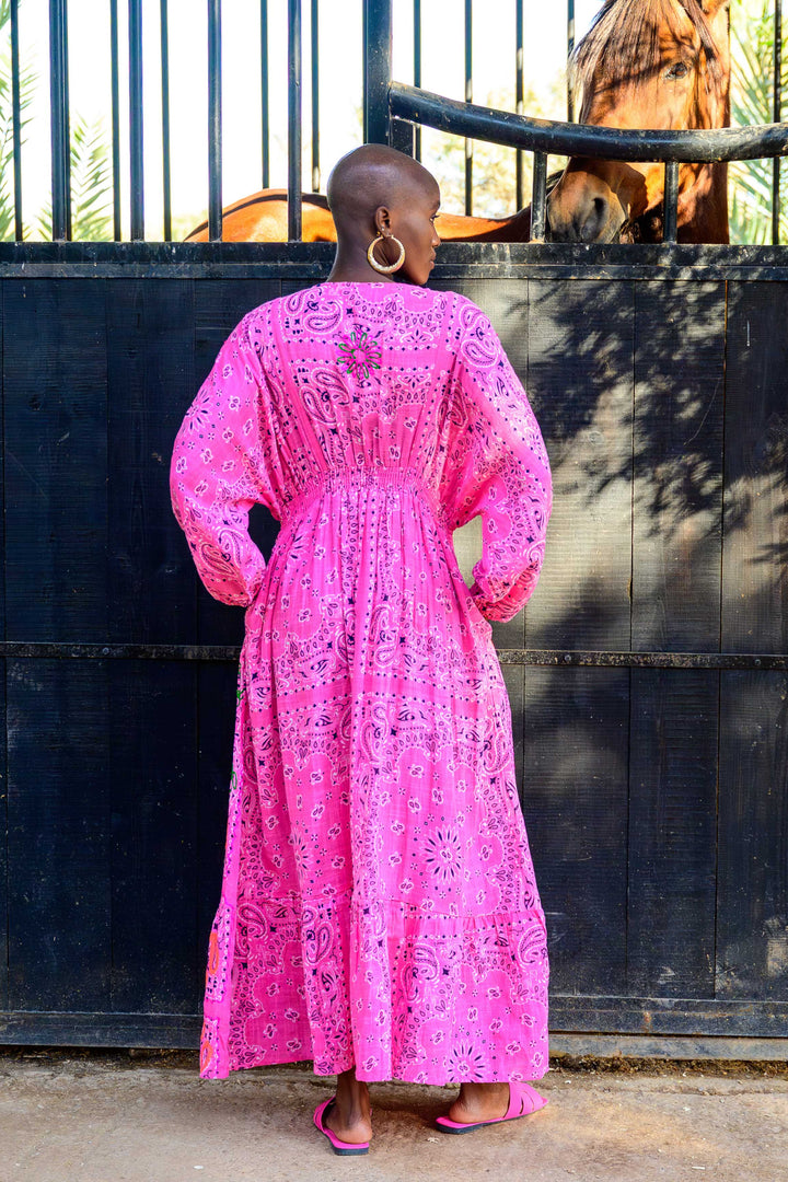 Robe Longue en Lin Col V Beky - Taille unique 36-42 / Rose