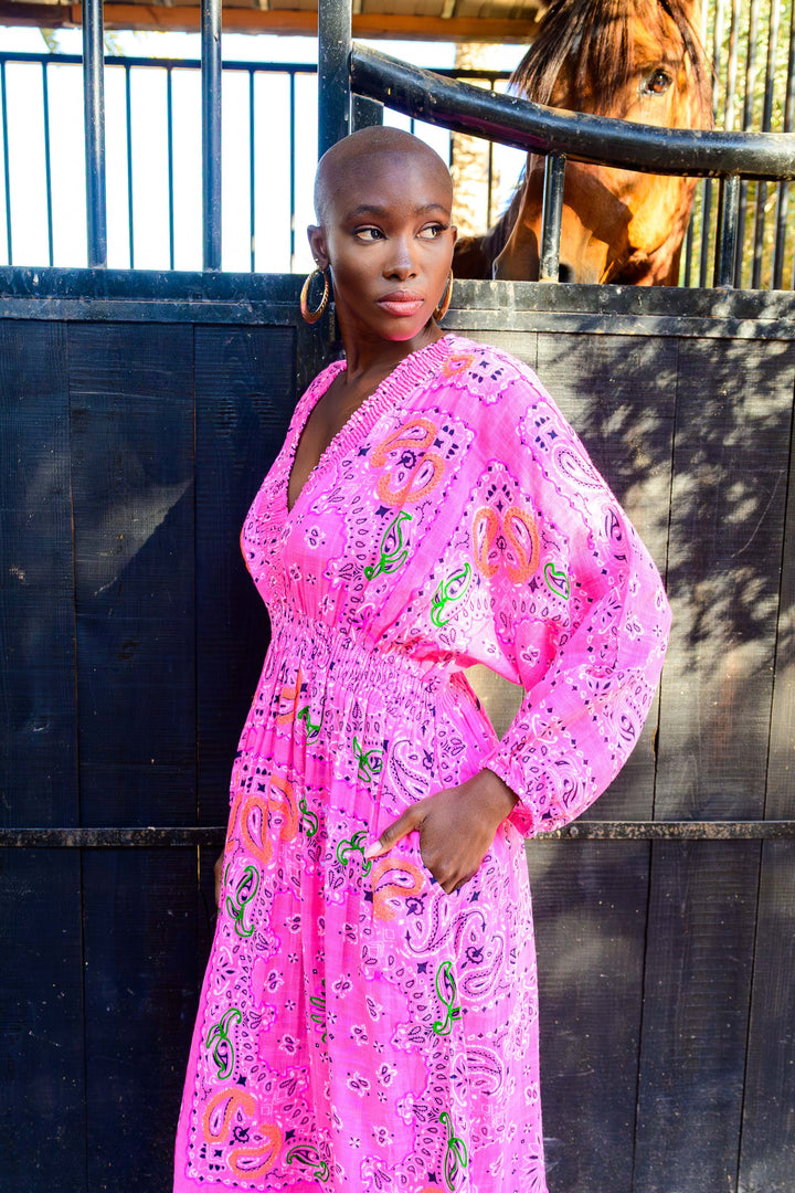 Robe Longue en Lin Col V Beky - Taille unique 36-42 / Rose