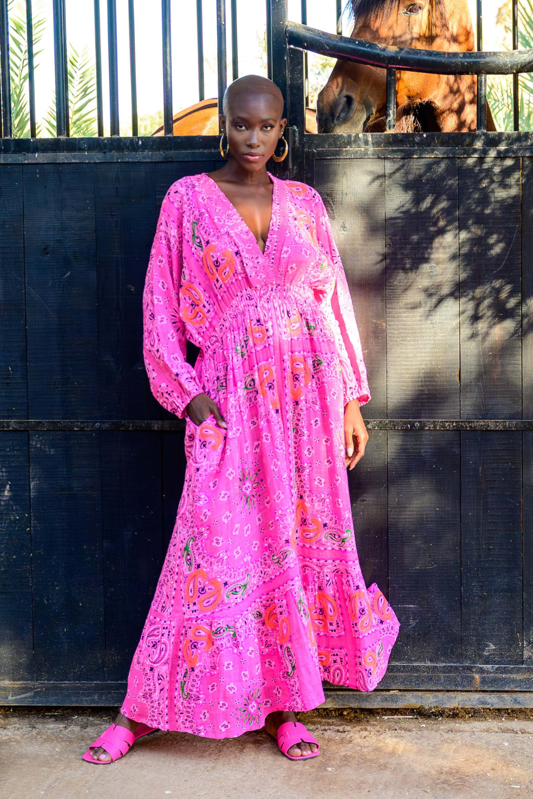 Robe Longue en Lin Col V Beky - Taille unique 36-42 / Rose