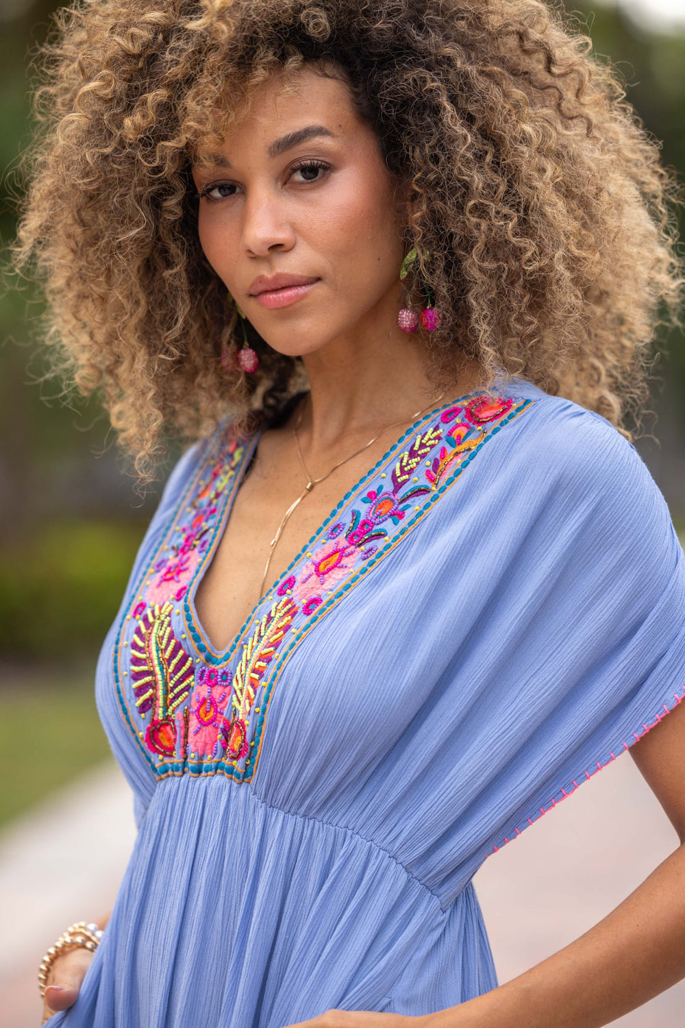 Robe Longue Fluide Brodée Baya - Taille unique 36-42 / Bleu