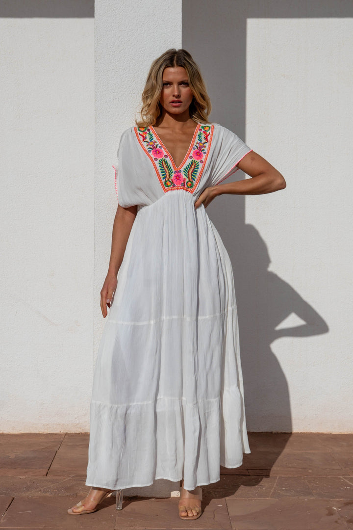 Robe Longue Fluide Brodée Baya - Taille unique / Ecru