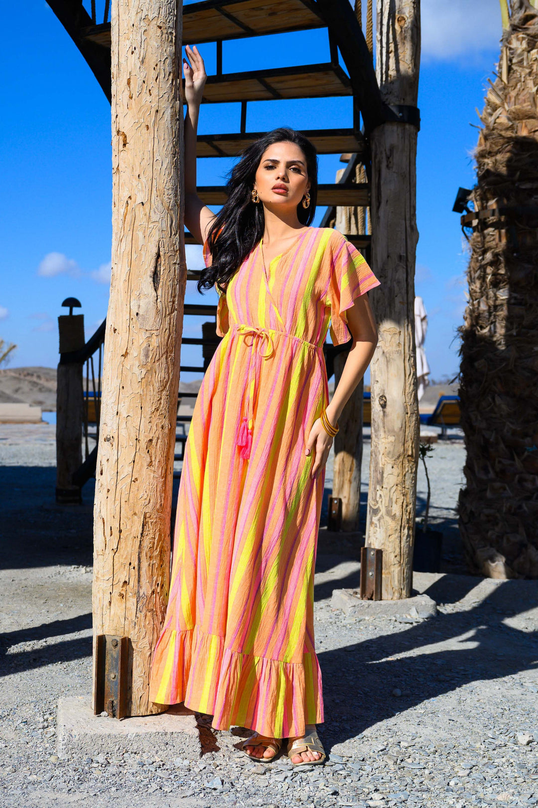 Robe Longue Rayée Col V Sativa - Robes