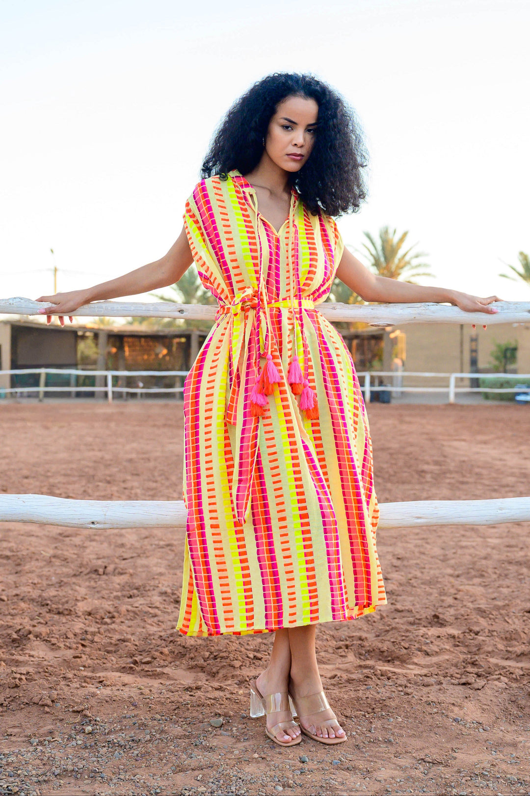 Robe Midi Rayée Ceinturée Saluza - Taille unique / Jaune