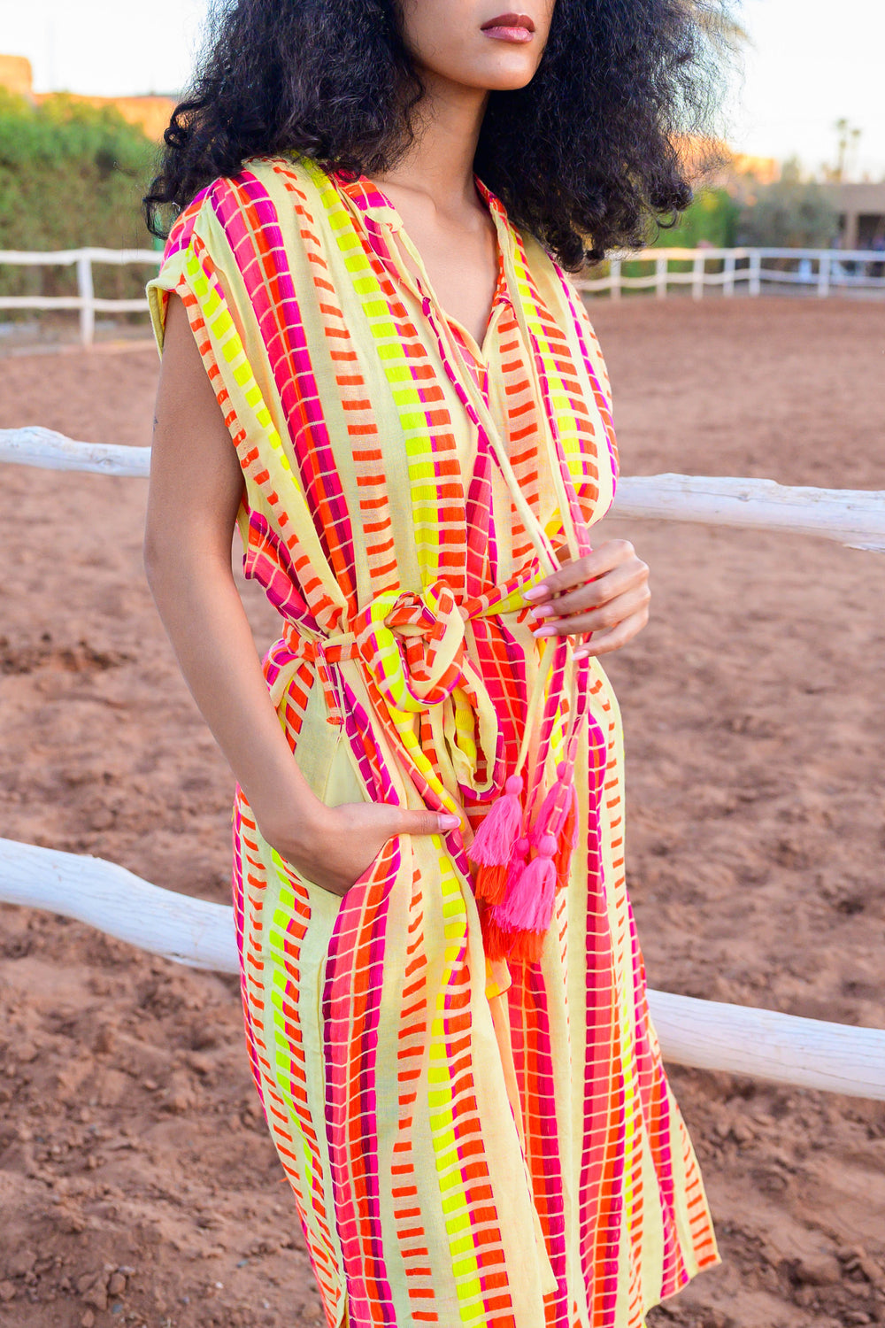 Robe Midi Rayée Ceinturée Saluza - Taille unique / Jaune