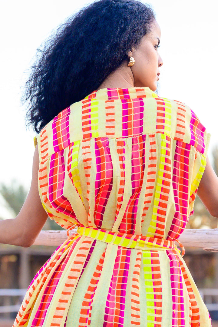 Robe Midi Rayée Ceinturée Saluza - Taille unique / Jaune