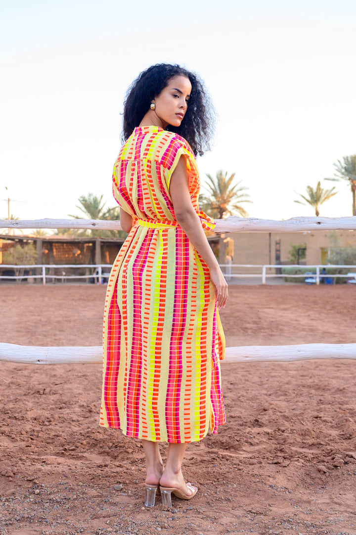 Robe Midi Rayée Ceinturée Saluza - Taille unique / Jaune