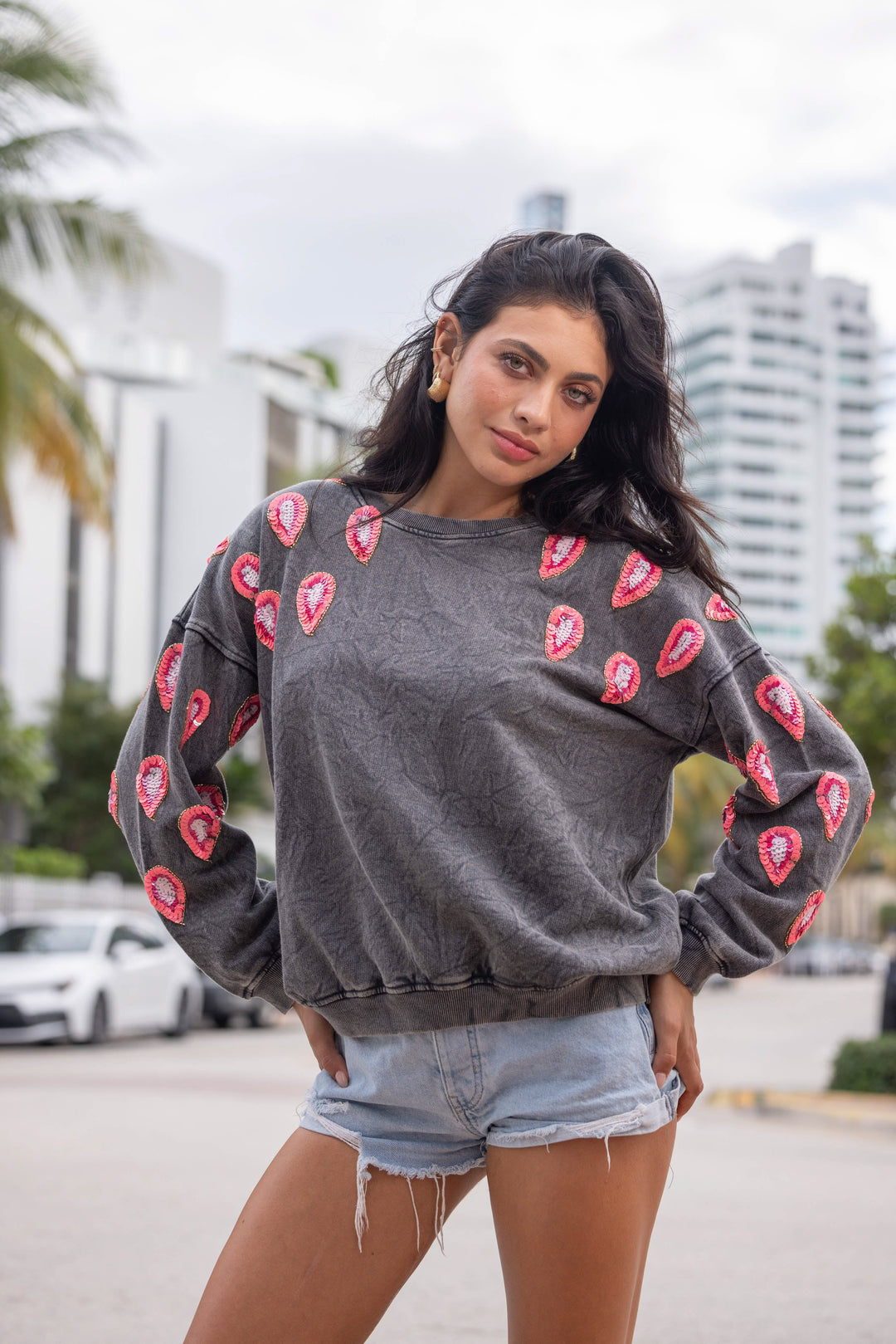 Sweat col rond avec sequins Missy - Taille unique / Gris