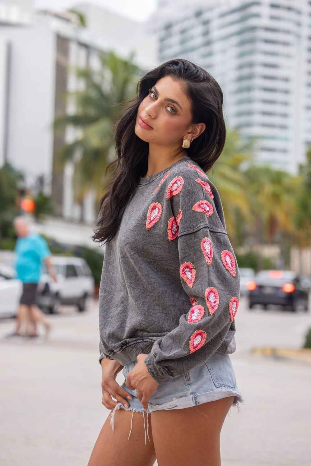 Sweat col rond avec sequins Missy - Taille unique / Gris