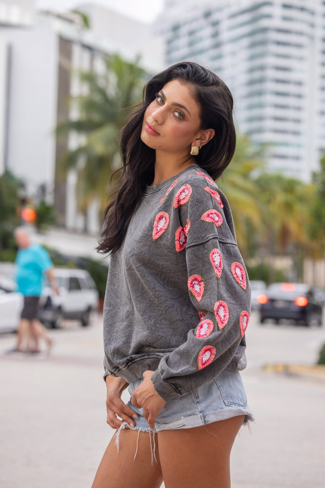 Sweat col rond avec sequins Missy - Taille unique / Gris