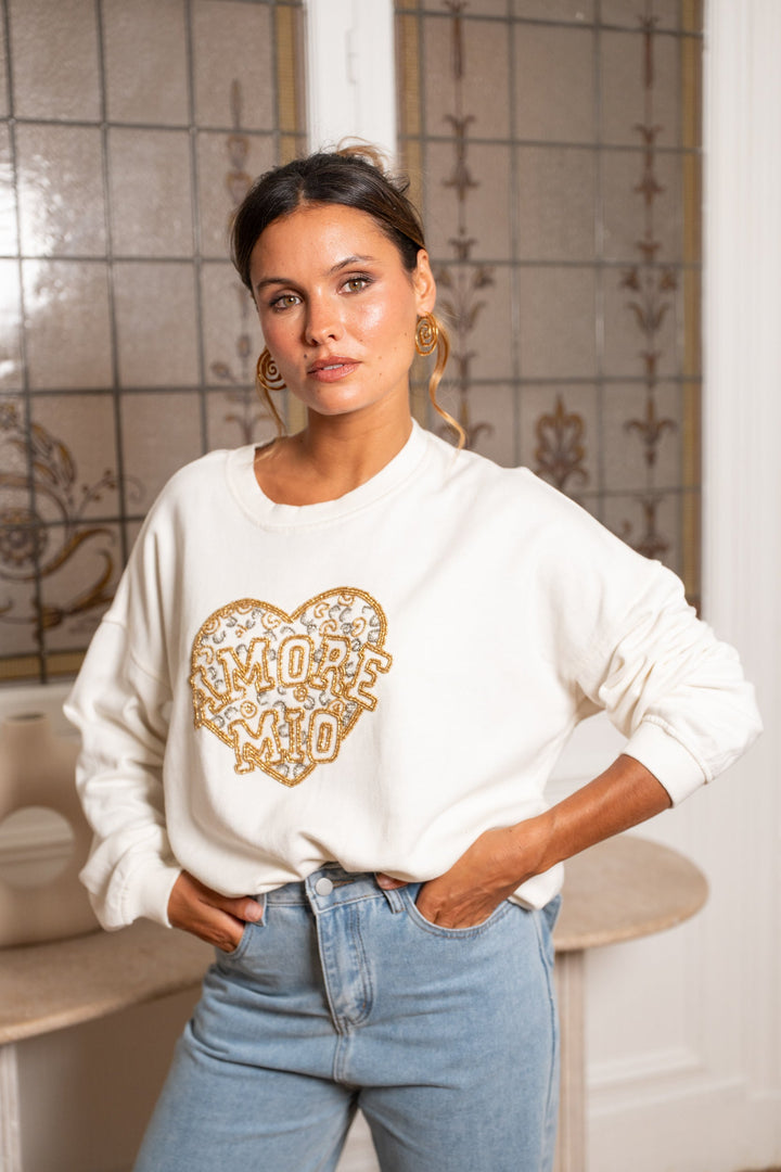 Sweat col rond perlé Morio Taille unique / Ecru Sweatshirt