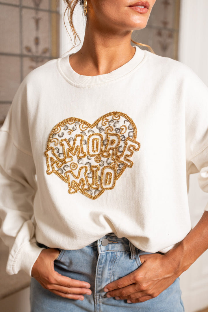Sweat col rond perlé Morio Taille unique / Ecru Sweatshirt