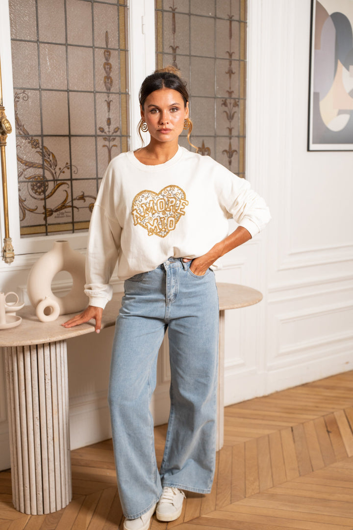 Sweat col rond perlé Morio Taille unique / Ecru Sweatshirt