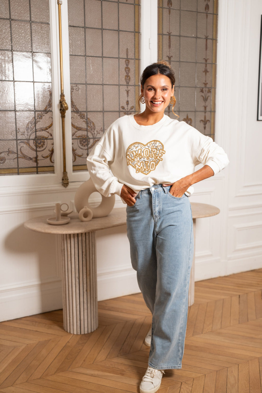 Sweat col rond perlé Morio Taille unique / Ecru Sweatshirt