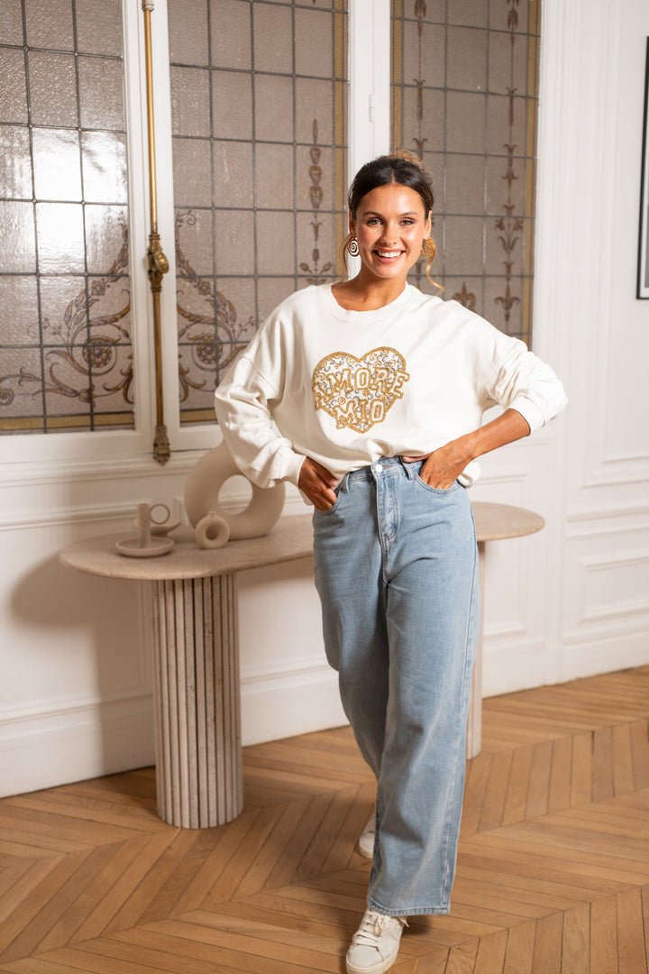 Sweat col rond perlé Morio Taille unique / Ecru Sweatshirt