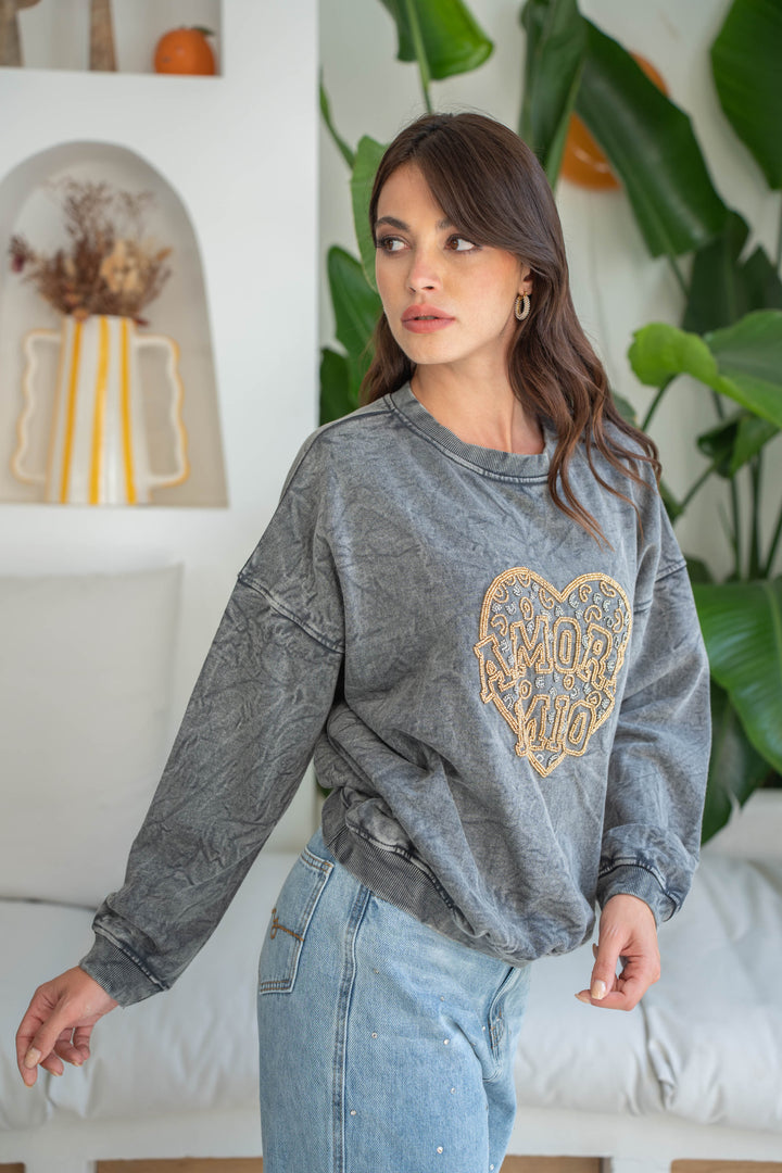 Sweat col rond perlé Morio Taille unique / Gris Sweatshirt