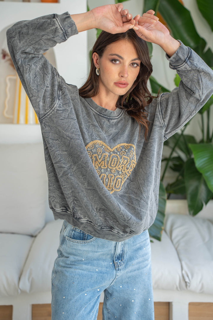 Sweat col rond perlé Morio Taille unique / Gris Sweatshirt