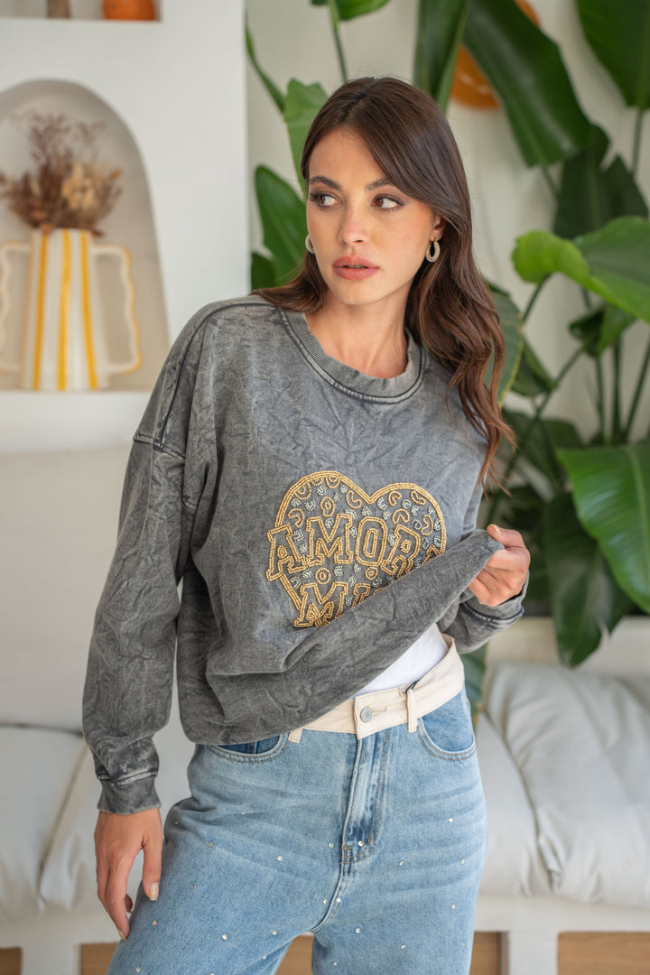 Sweat col rond perlé Morio Taille unique / Gris Sweatshirt