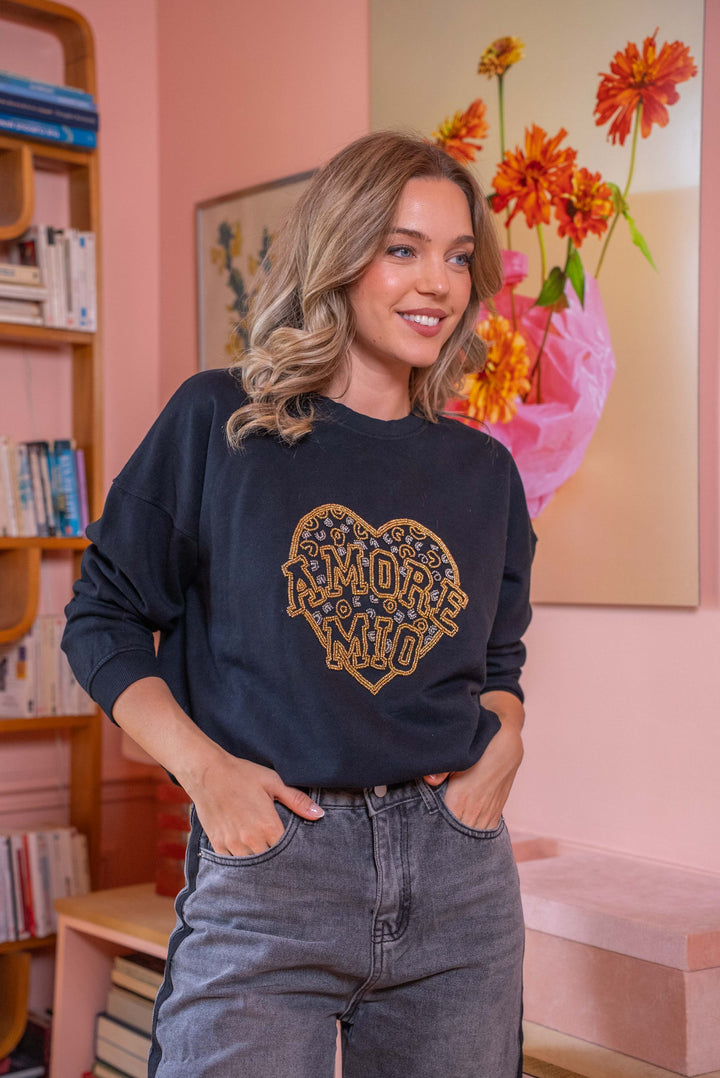 Sweat col rond perlé Morio Taille unique / Noir Sweatshirt