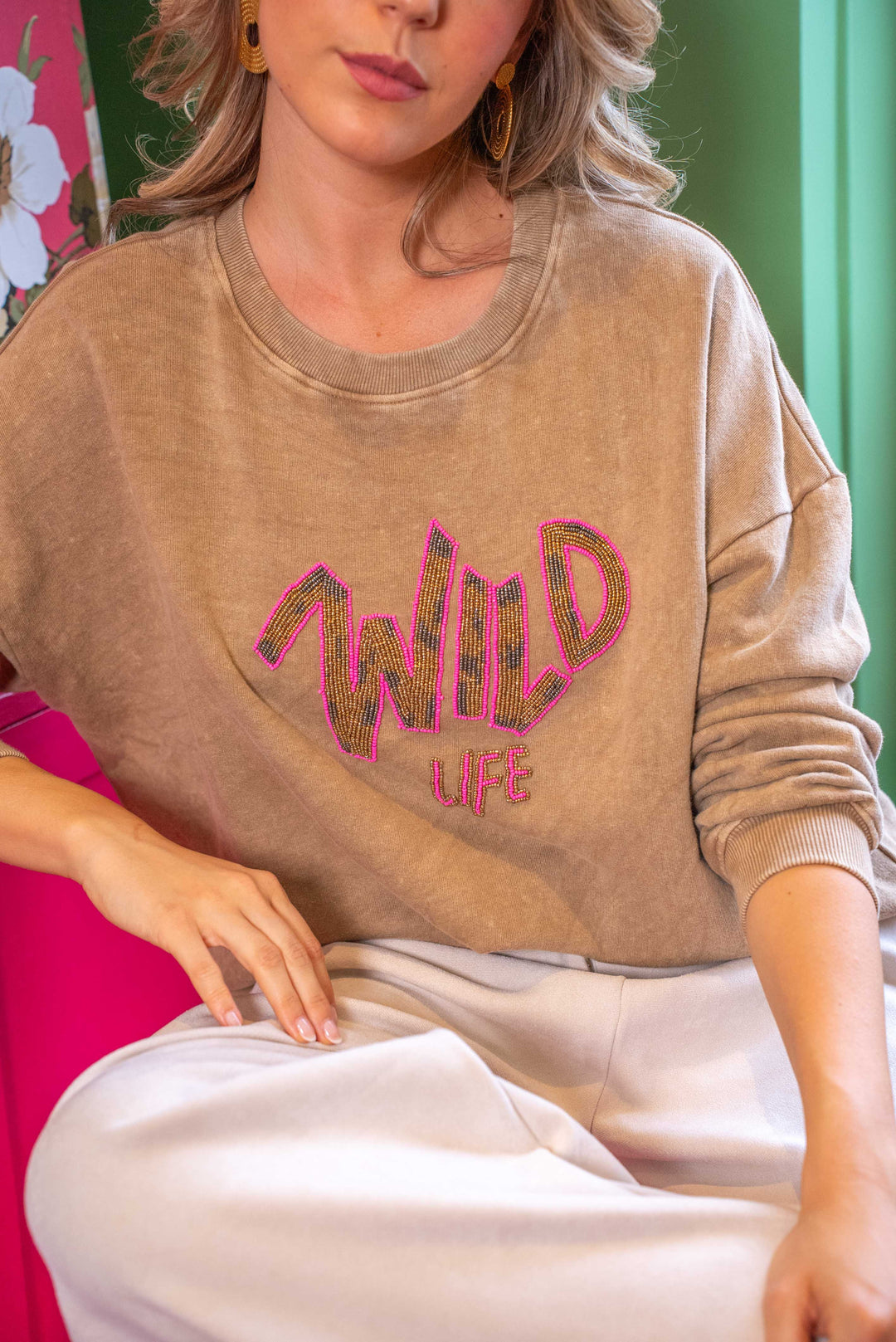 Sweat col rond perlé Wild - Taille unique / Camel