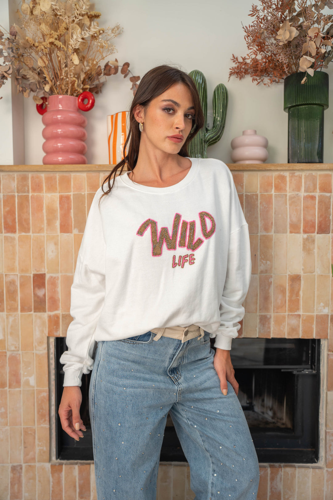 Sweat col rond perlé Wild - Taille unique / Ecru