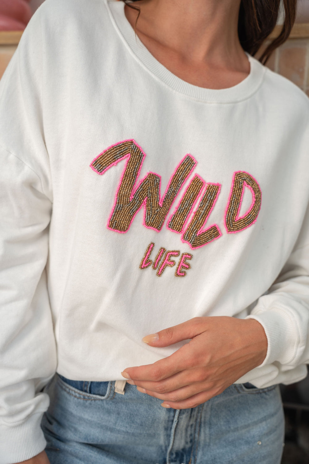 Sweat col rond perlé Wild - Taille unique / Ecru