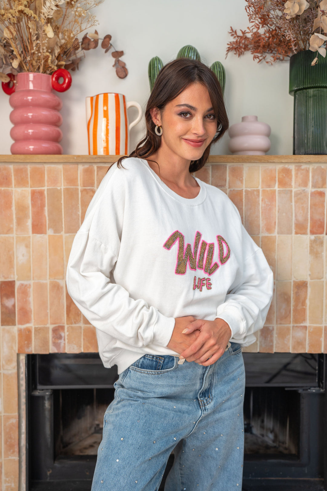 Sweat col rond perlé Wild - Taille unique / Ecru