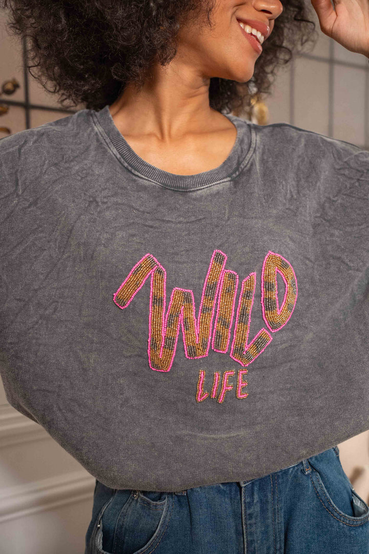 Sweat col rond perlé Wild - Taille unique / Gris