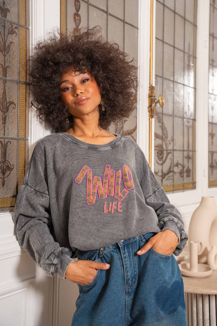 Sweat col rond perlé Wild - Taille unique / Gris
