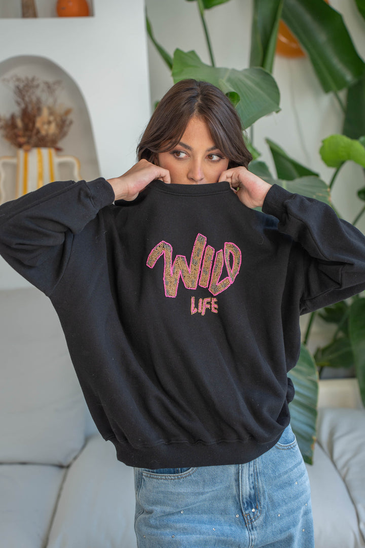 Sweat col rond perlé Wild - Taille unique / Noir