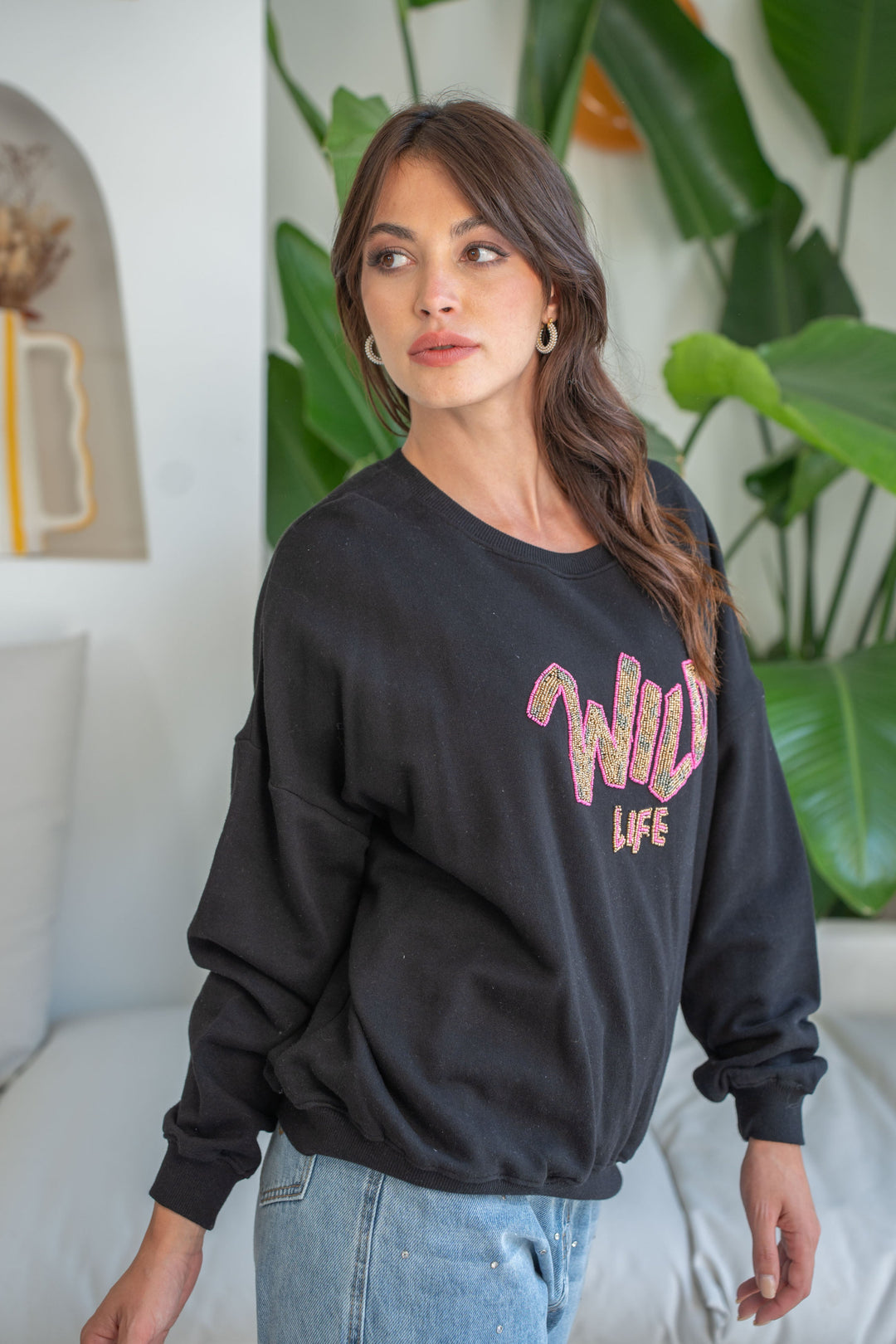 Sweat col rond perlé Wild - Taille unique / Noir