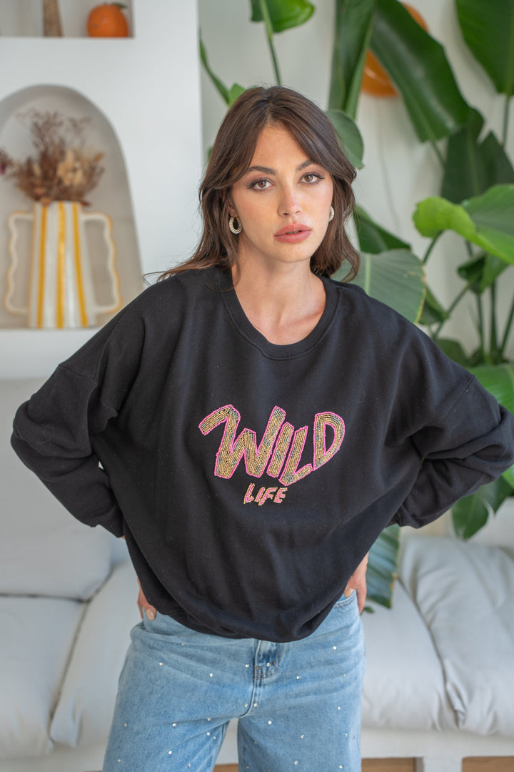 Sweat col rond perlé Wild - Taille unique / Noir