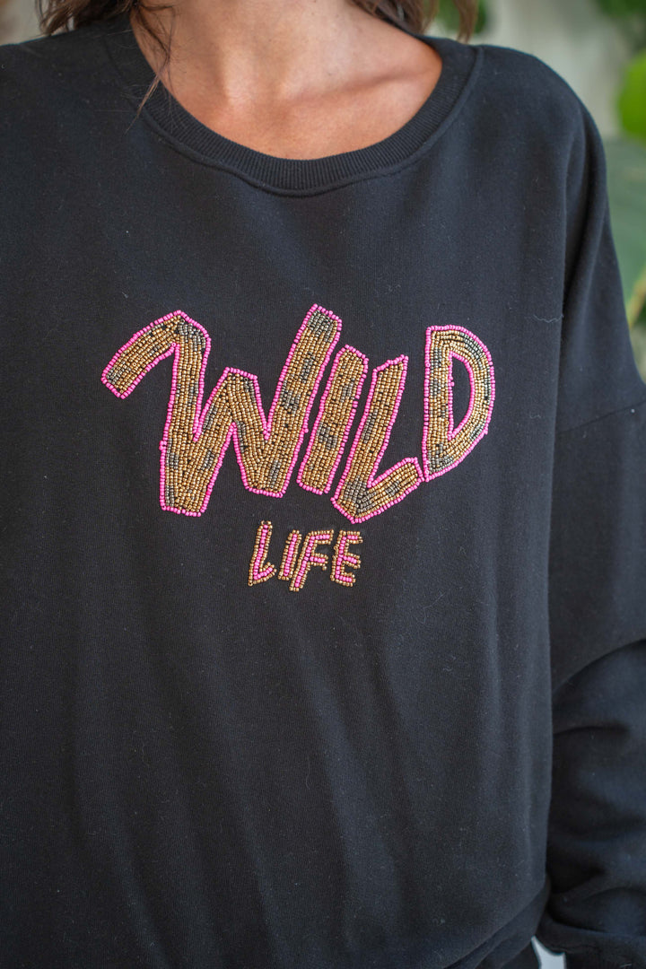 Sweat col rond perlé Wild - Taille unique / Noir