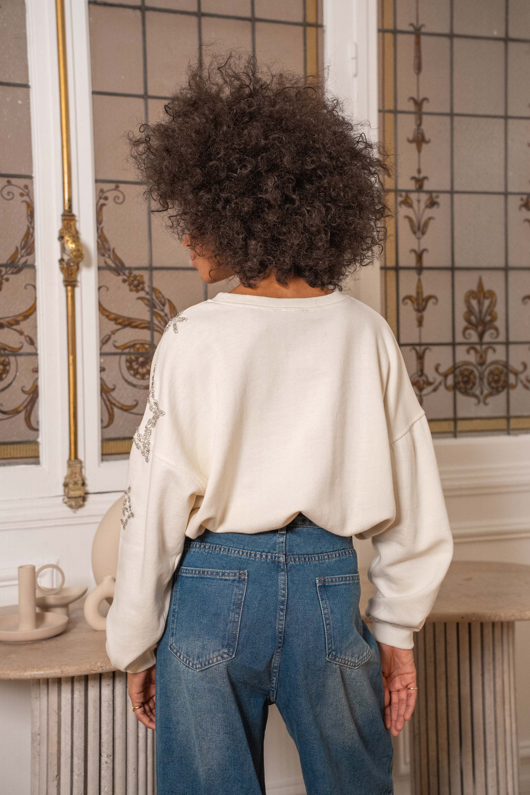 Sweat oversize à strass étoile Moon Taille unique / Ecru