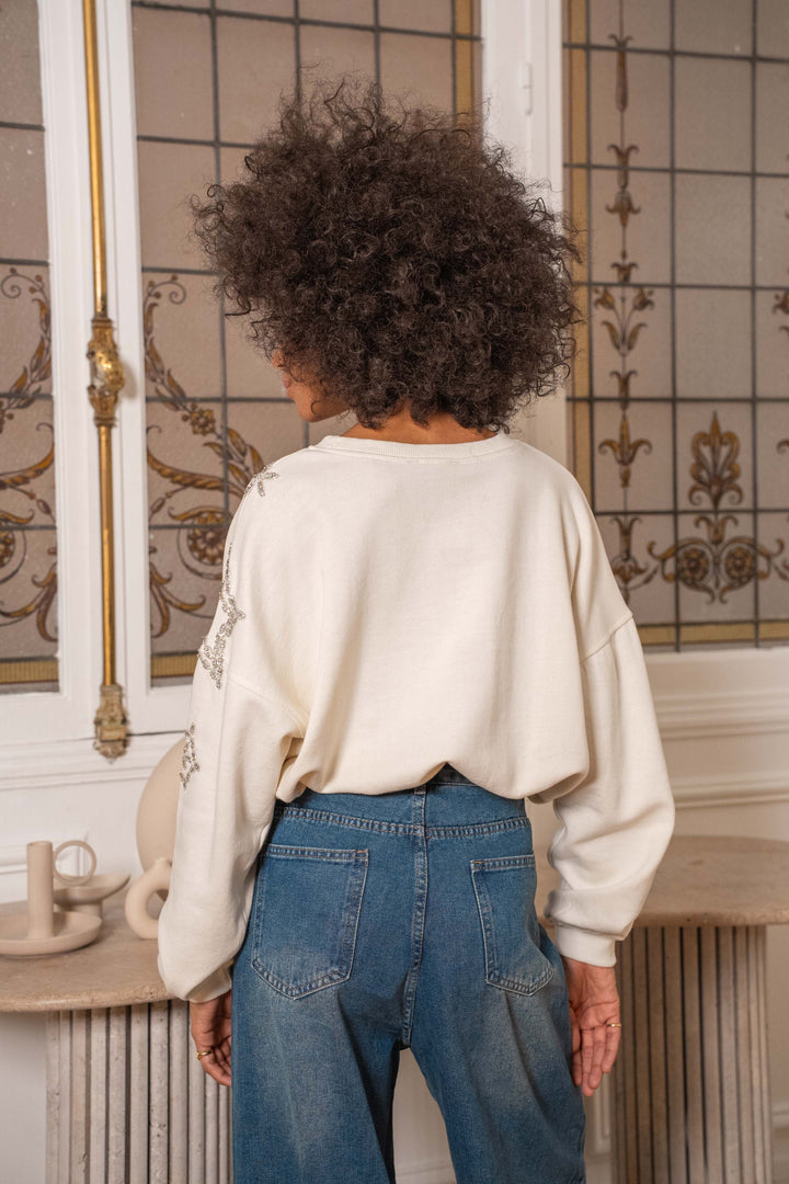 Sweat oversize à strass étoile Moon Taille unique / Ecru