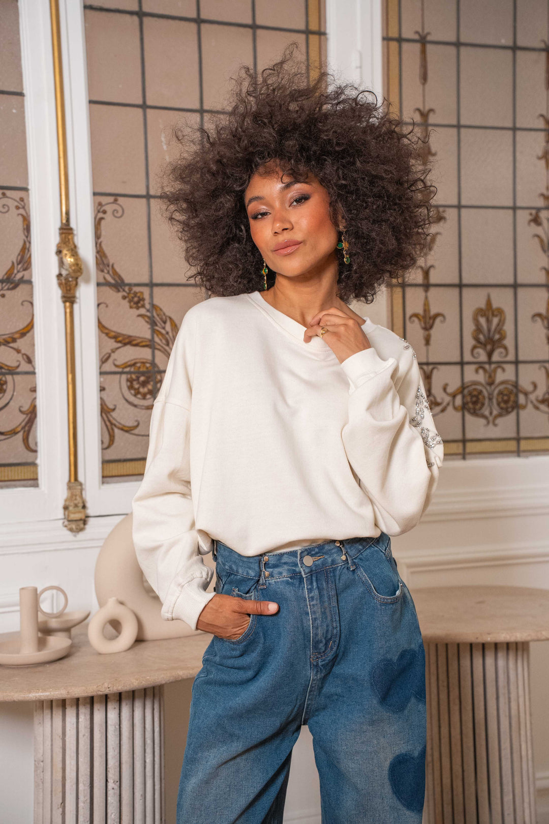 Sweat oversize à strass étoile Moon Taille unique / Ecru