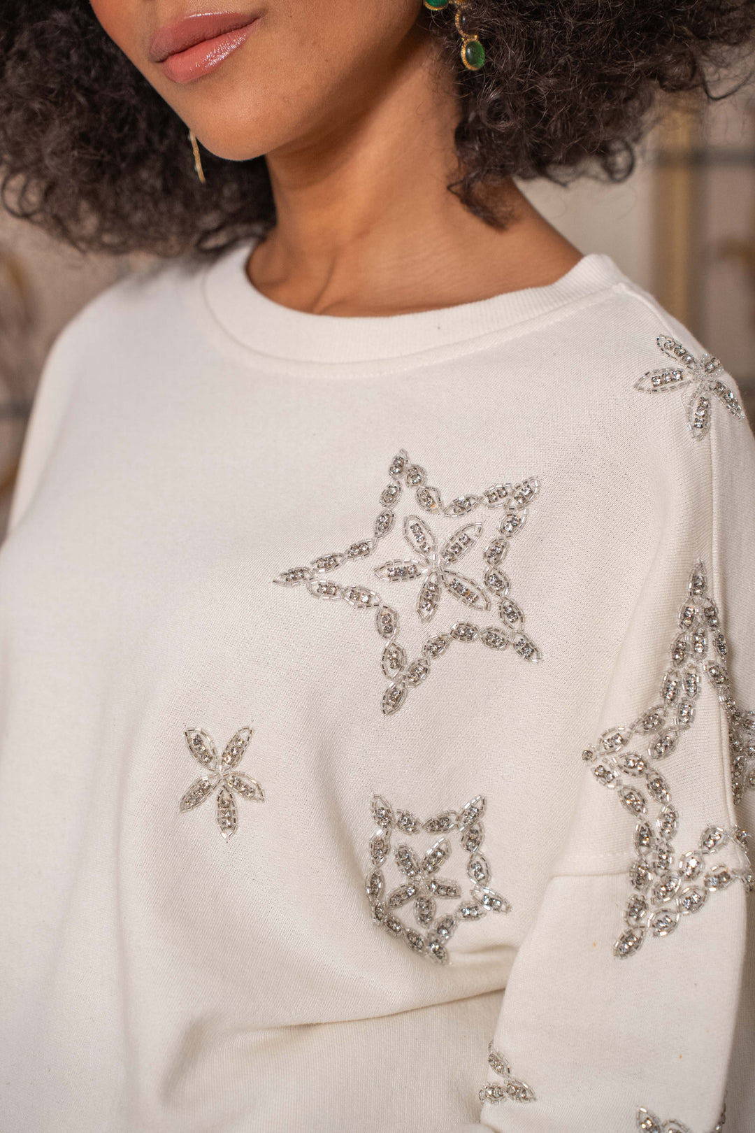 Sweat oversize à strass étoile Moon Taille unique / Ecru