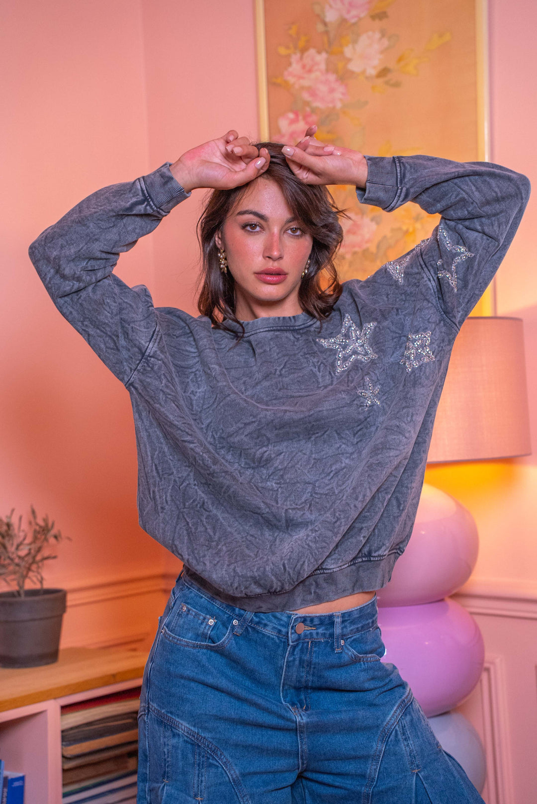 Sweat oversize à strass étoile Moon Taille unique / Gris